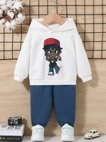 SHEIN Em bé Con trai Hoạt hình In Áo nỉ có mũ Và Màu thuần Quần Bộ - Nhiều màu - Xem 1