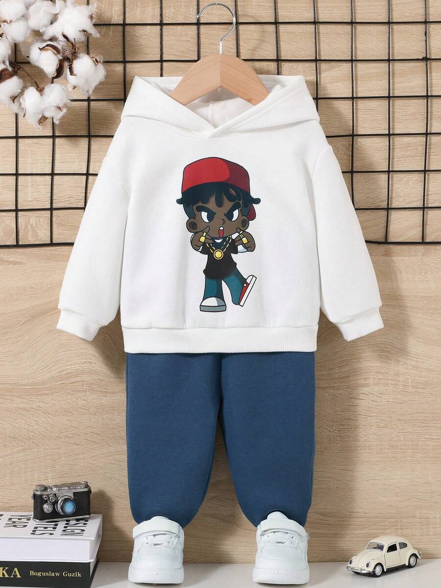 SHEIN Em bé Con trai Hoạt hình In Áo nỉ có mũ Và Màu thuần Quần Bộ - Nhiều màu - Xem 1