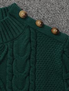 SHEIN 1 chiếc áo len dệt kim họa tiết xoắn thông thường dành cho bé trai có nút trang trí & cổ cao dày ấm áp, thích hợp cho các dịp ở nhà/thường ngày/đường phố/đi học, mùa thu/đông - Màu xanh lá cây đậm - Xem 5