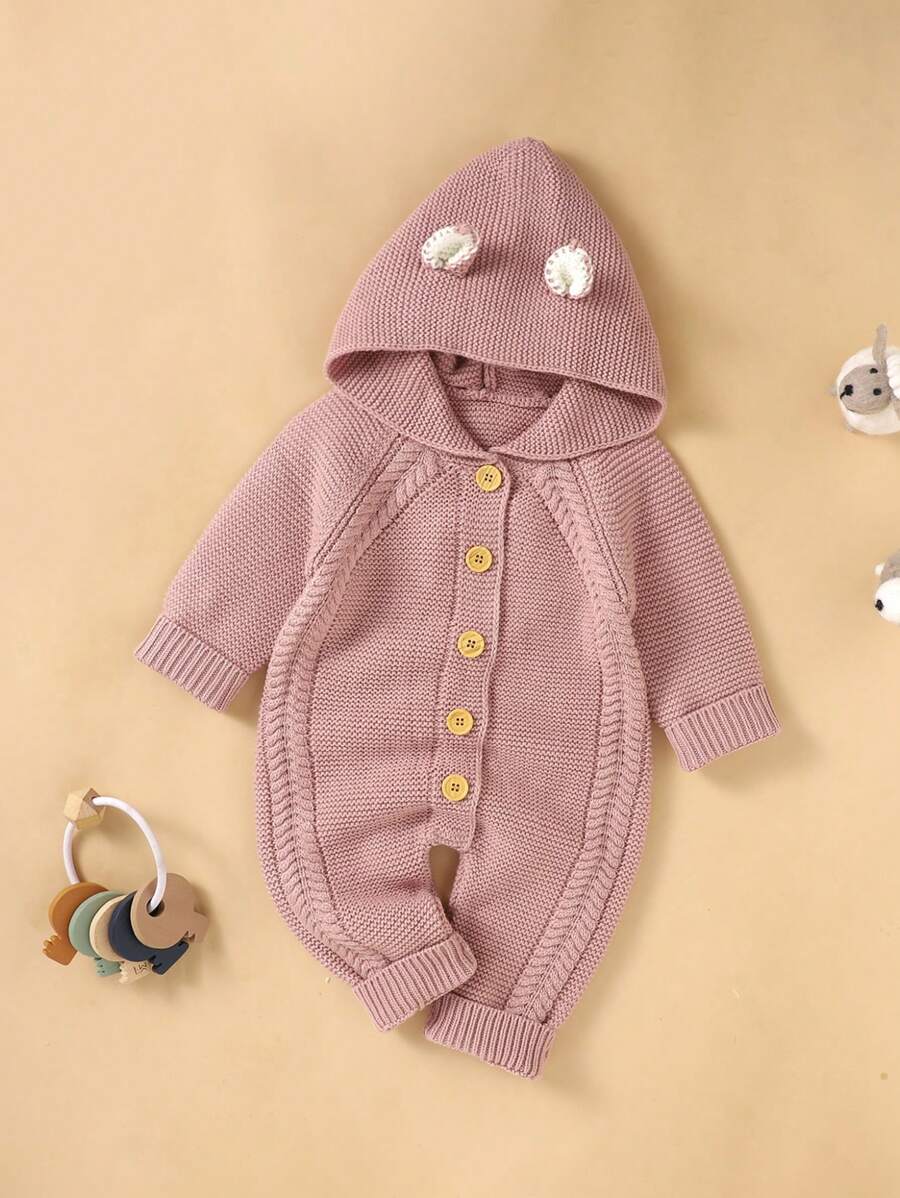 Baby Girl Cable Knit Raglan Sleeve 3D Ear Patched Hooded Button Front Knit Jumpsuit - Pink - View 1