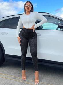 SHEIN SXY Marled Knit Rib-knit Leggings - Black - View 3