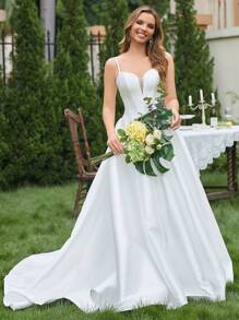 Contrast Mesh Cami Wedding Dress - Beige - View 7