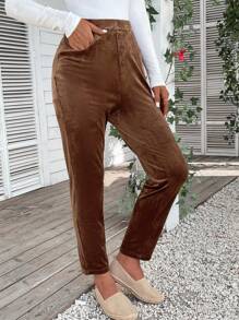 EMERY ROSE Solid Slant Pocket Corduroy Pants - Rust Brown - View 4