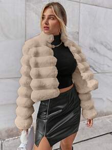 Firerie Going Out Solid Open Front Crop Fuzzy Coat, Winter, Elegant, Business , Casual, Furry, Faux Fur, Long Sleeve - Apricot - View 7