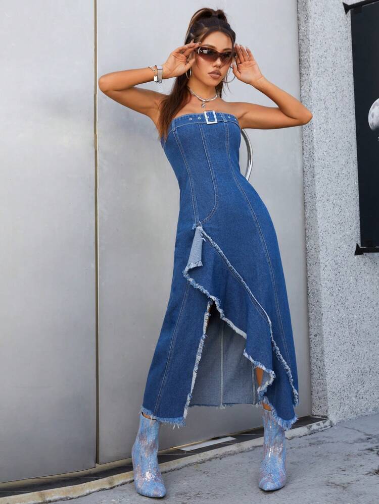 Raw Trim Asymmetrical Hem Tube Denim Dress