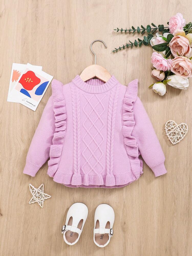 Baby Girl Ruffle Trim Cable Knit Sweater
