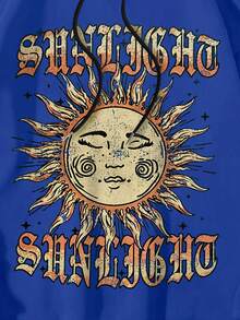 ROMWE MEN Street Life 男士太陽臉和文字設計連帽休閒時尚運動衫 - 藍色 - 查看 4