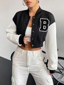 SHEIN Unity Thư được vá Khối màu Thả vai Mùa vụ Áo khoác Đại học - Đen và trắng - Xem 4