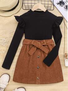 女大童荷葉邊T恤&腰帶半身裙 - 棕色 - 查看 1