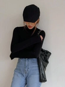 DAZY Chất rắn Cổ cao Áo thun - màu đen - Xem 6