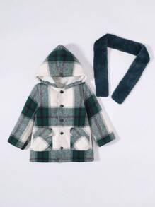 SHEIN Young Boy Plaid Double Breasted Overcoat & Scarf,In Fall/Winter