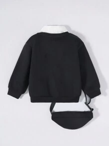 SHEIN 小男孩宇航員印花帶袋運動衫 - 黑色 - 查看 2