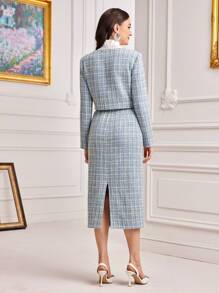 Modelyn 1 件方领格子粗花呢夹克和 1 件裙子套装 2 件套 - 藍色 - 查看 2