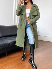 SHEIN Unity Double Breasted Belted Trench Coat - Army Green - View 3