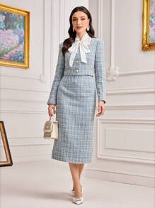 Modelyn 1 件方领格子粗花呢夹克和 1 件裙子套装 2 件套 - 藍色 - 查看 6