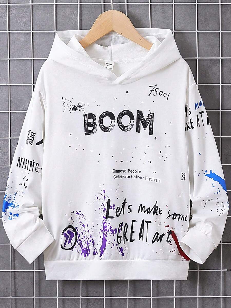SHEIN Tween Boy Slogan Graphic Hooded Sweatshirt - Multicolor - View 1