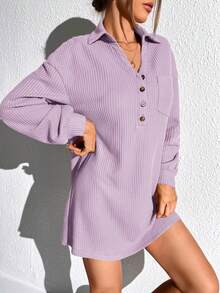 SHEIN Essnce Vestido tejido waffle con botón de hombros caídos con parche de bolsillo - Púrpura malva - Ver 3