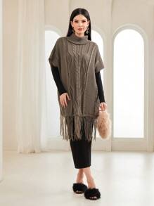 Seusyu Turtleneck Batwing Sleeve Fringe Hem Cable Knit Poncho Knit Pullover Sweater Fall Winter - Khaki - View 3