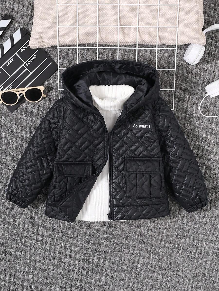 SHEIN Young Boy Letter Patched Flap Pocket Hooded Quilted Coat Without Sweater - Green - View 1