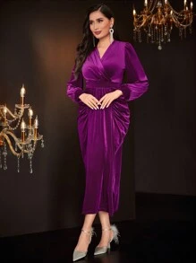 Modelyn Surplice cổ Tay áo lồng đèn Xù Nhung Đầm - Màu đỏ tím - Xem 5