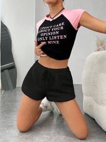 SHEIN EZwear Drawstring Waist Solid Teddy Shorts - Black - View 1