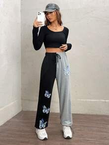 SHEIN EZwear 蝴蝶圖案雙色腰部抽繩衛褲 - 彩色 - 查看 5