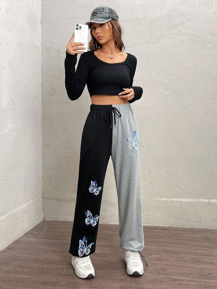 SHEIN EZwear Butterfly Print Two Tone Drawstring Waist Sweatpants - Multicolor - View 5
