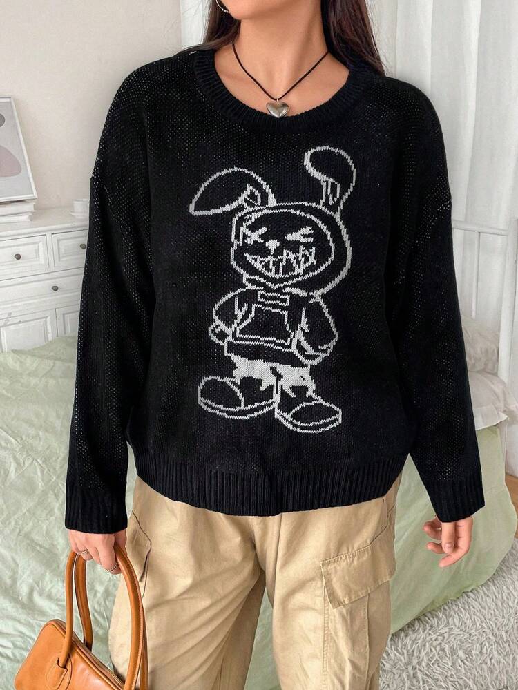 Plus Cartoon Pattern Drop Shoulder Sweater Knit Pullover Fall Winter Sweater