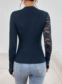 SHEIN Privé Camiseta con encaje en contraste de cuello alto - Azul Marino - Ver 2