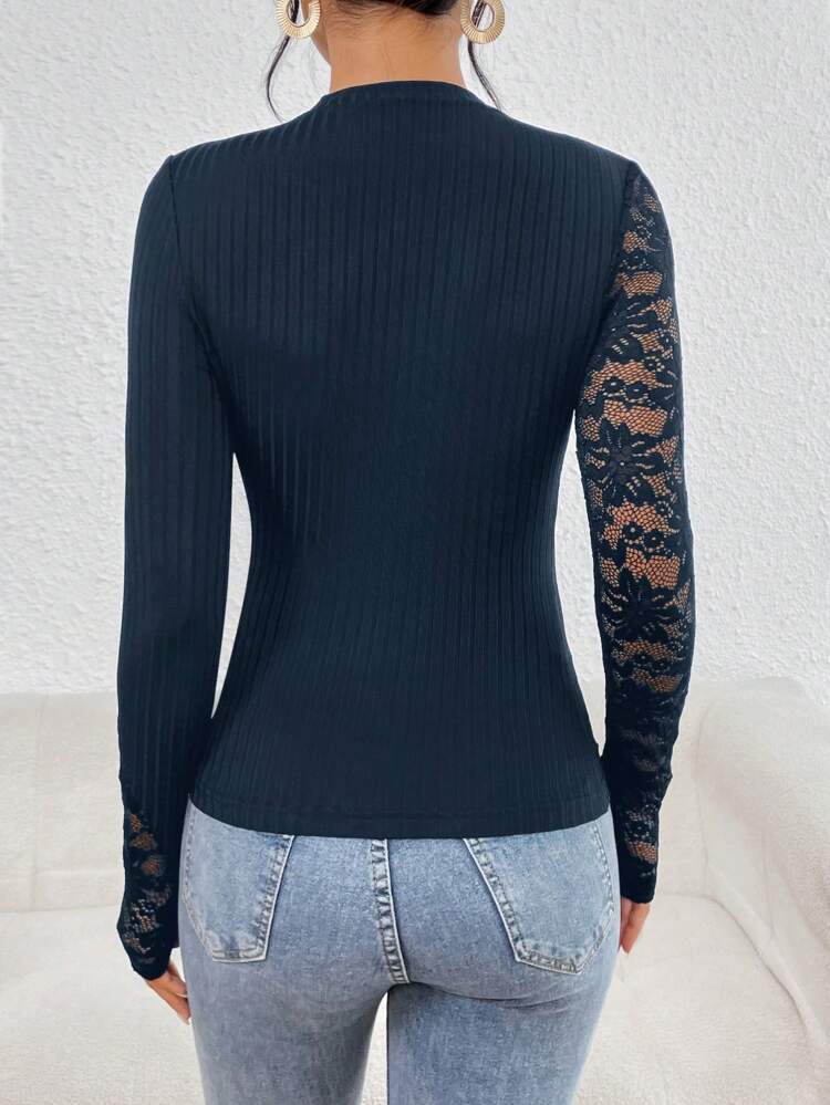 Contrast Lace Mock Neck Tee