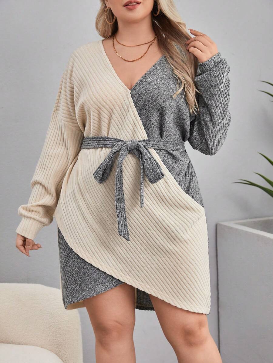 SHEIN Privé 大碼雙色落肩袖繫腰帶洋裝 - 灰色 - 查看 1