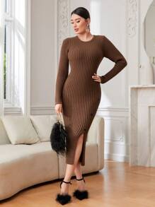 Modelyn Split Thigh Button Detail Ribbed Knit Sweater Dress Fall Cloth For Women - Coffee Brown - View 1