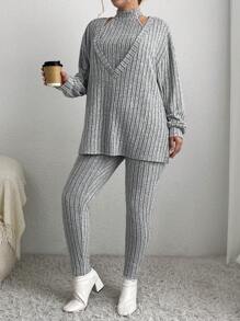 SHEIN Essnce Plus Plunging Neck Split Hem Tee & Halter Top & Leggings