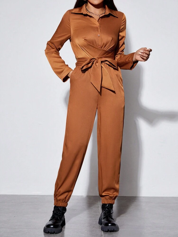 Solid Tie Front Shirt Jumpsuit