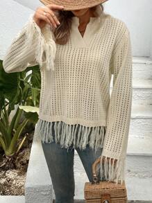 SHEIN VCAY Fringe Trim Drop Shoulder Pointelle Knit Sweater - Apricot - View 1