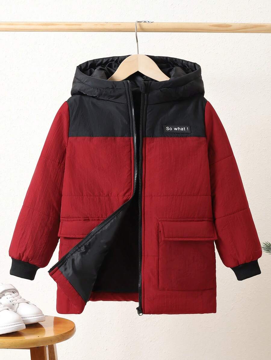 Tween Boy 双色字母拼接连帽棉服外套 - 酒紅色 - 查看 1