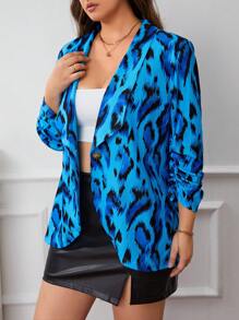 SHEIN LUNE Hơn In Toàn bộ Khăn quàng Tay áo có gãy Mở Mặt trước Áo vest - Xanh đậm - Xem 4