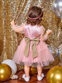 SHEIN Đứa bé gái Tay áo lưới tương phản Xù Hoa Sen Đầm - Hồng - Xem 2