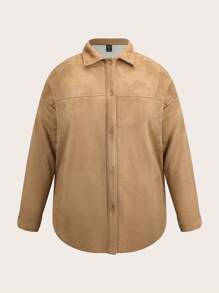 SHEIN BASICS Plus Button Up Hooded Coat - Khaki - View 6