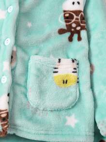 Young Boy Cartoon Graphic Dual Pocket Flannel PJ Set - Green - View 5