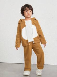 SHEIN Young Boy Cartoon Embroidery 3D Ears Design Hooded Jacket & Pants - Brown - View 6