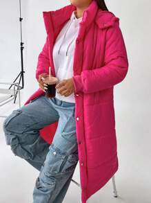 Flirla Plus Zip Up Hooded Padded Padded Coat Clothes Winter - Hot Pink - View 1