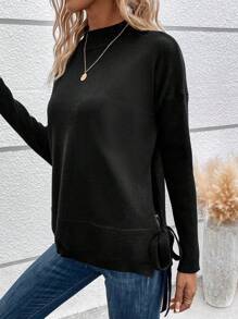 SHEIN LUNE Mock Neck Drop Shoulder Knot Side Knit Pullover Fall Winter Sweater - Black - View 1