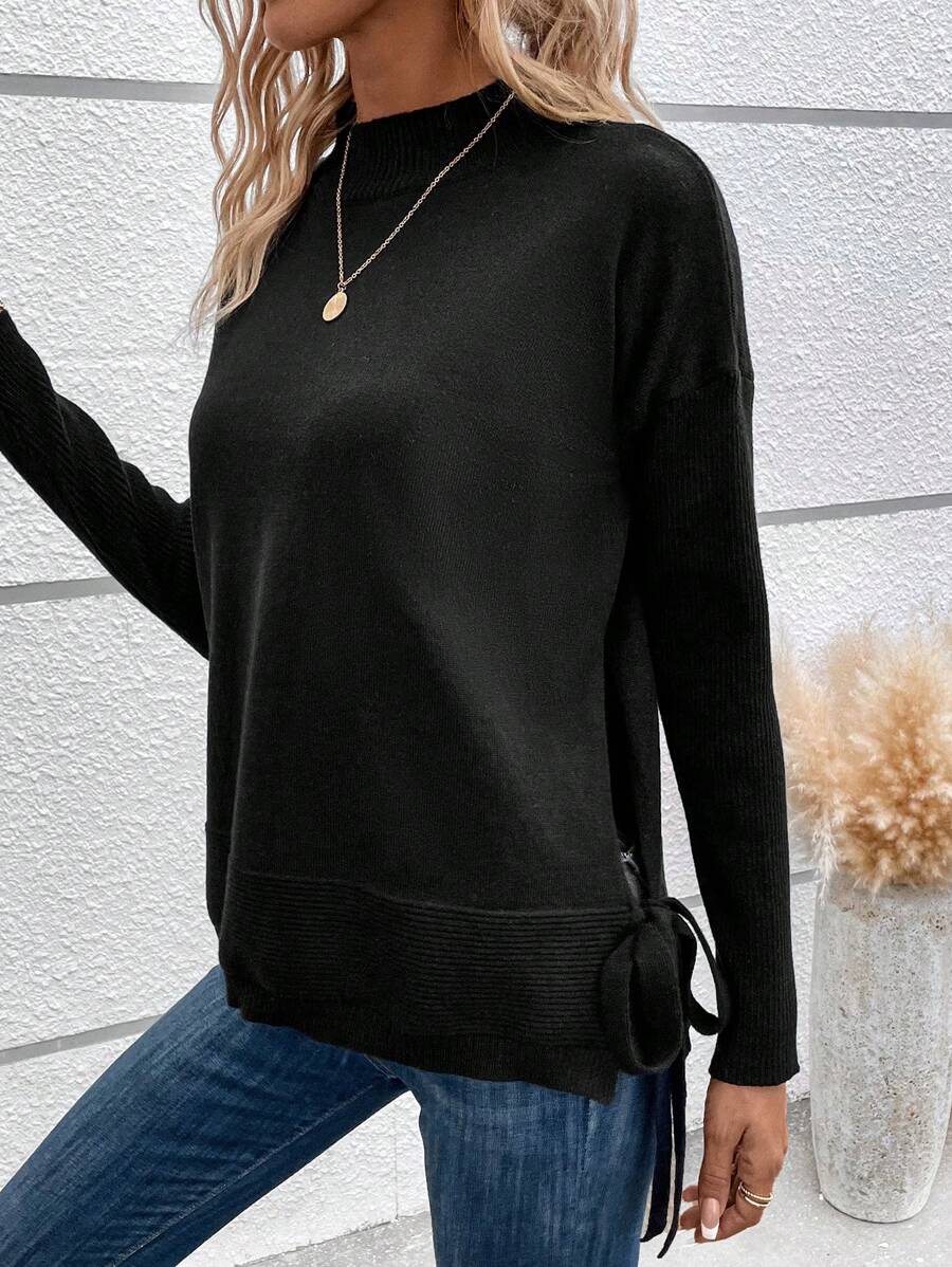 SHEIN LUNE Mock Neck Drop Shoulder Knot Side Knit Pullover Fall Winter Sweater - Black - View 1