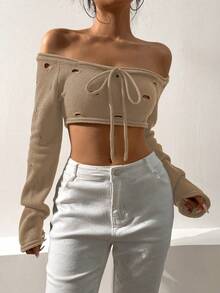 SHEIN Unity 一字肩鏤空荷葉袖短款毛衣 - 卡其色 - 查看 7