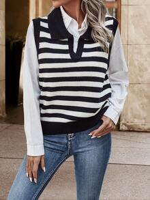 SHEIN Frenchy Striped Pattern Sweater Vest Without Blouse - Black - View 5
