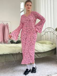 SHEIN EZwear Plus Allover Heart Print Flounce Sleeve Dress - Multicolor - View 6