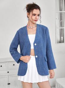 SHEIN EZwear 格紋印花翻蓋細節前紐扣西裝外套 - 藍色 - 查看 6