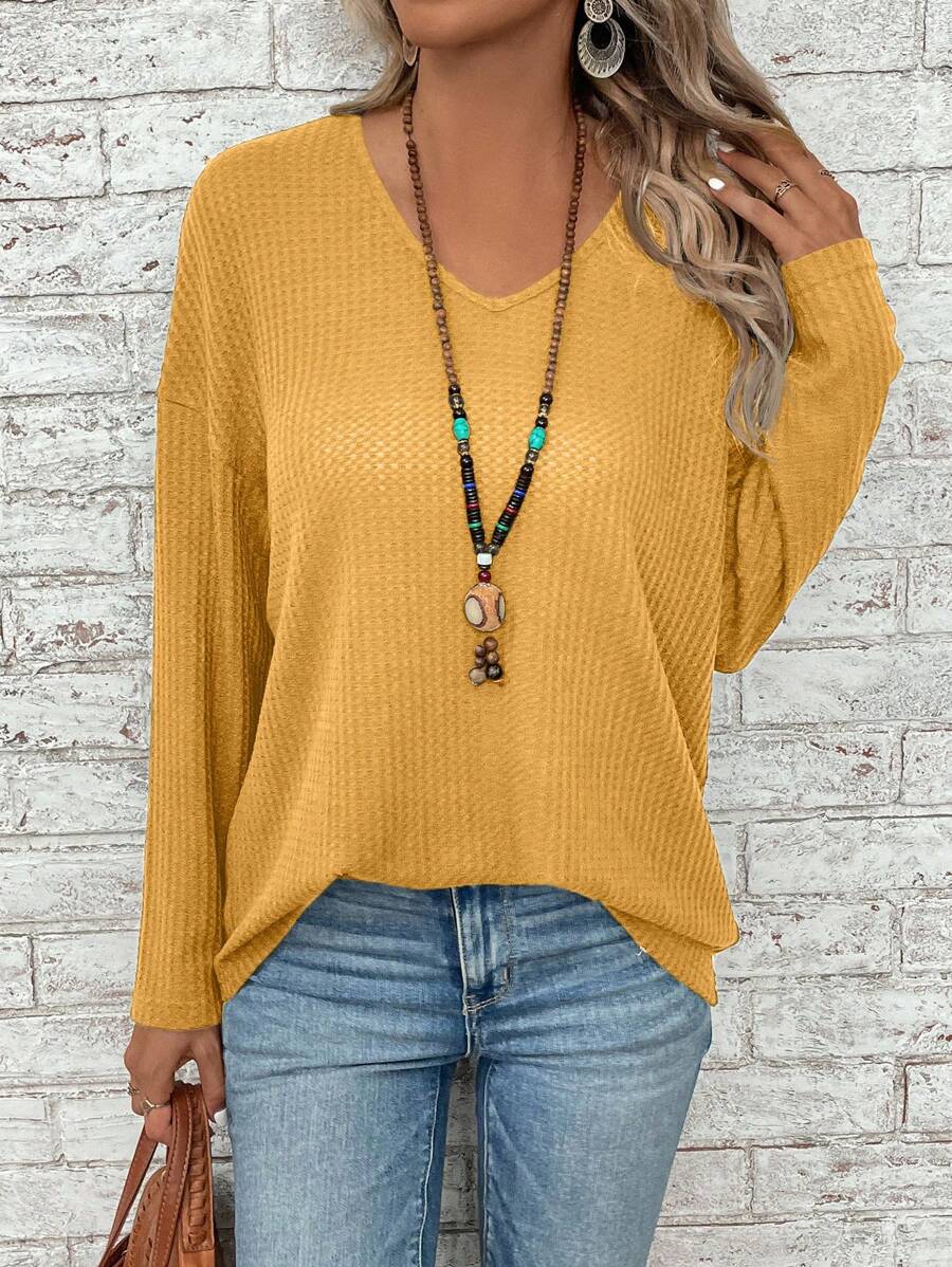 EMERY ROSE Women's Solid V-Neck Drop Shoulder Long Sleeve Loose Casual T-Shirt, Spring & Summer Tops With Sleeves Fall Women Clothes - Yellow - View 1