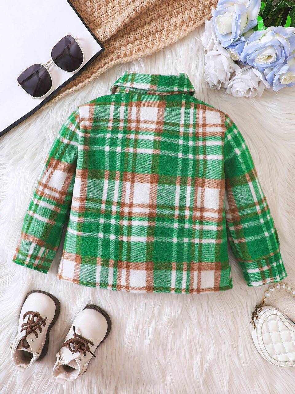 Young Girl Plaid Print Flap Pocket Overcoat for Christmas